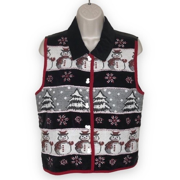 TanTrums Tapestry Snowmen Christmas Trees Velvet Collar Satin Back Vest Small - Picture 1 of 13